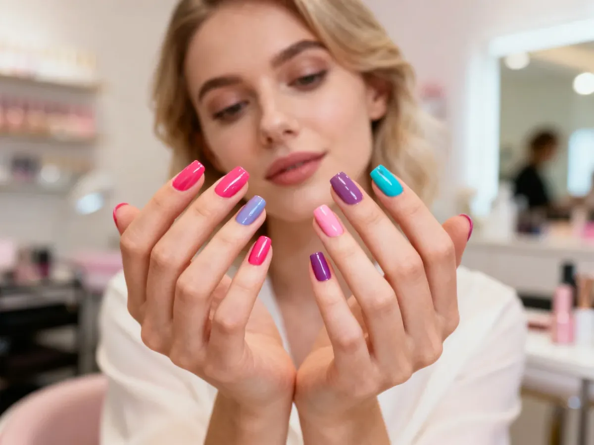 Zadbane dłonie z profesjonalnym manicure w modnych, wyrazistych kolorach na tle salonu kosmetycznego.
