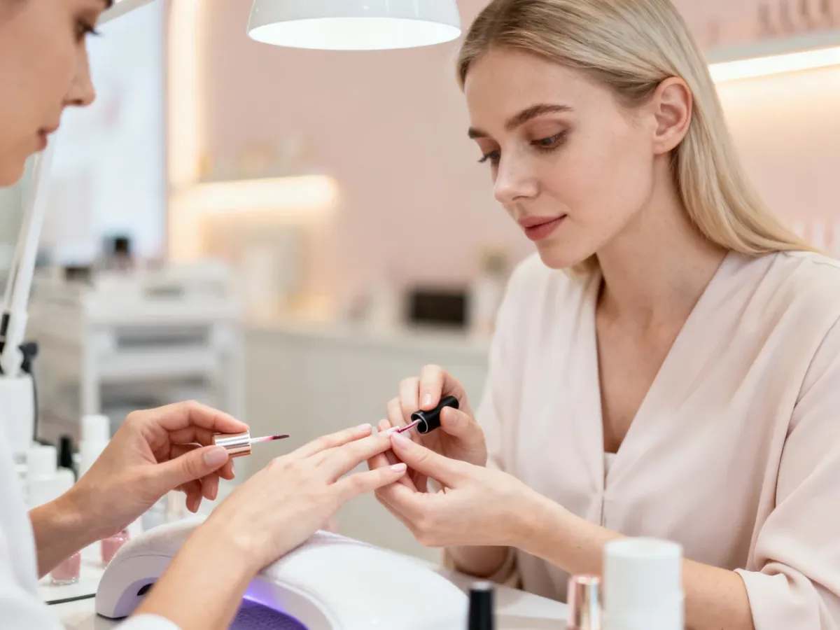 Profesjonalna stylistka maluje paznokcie klientce w nowoczesnym salonie kosmetycznym.