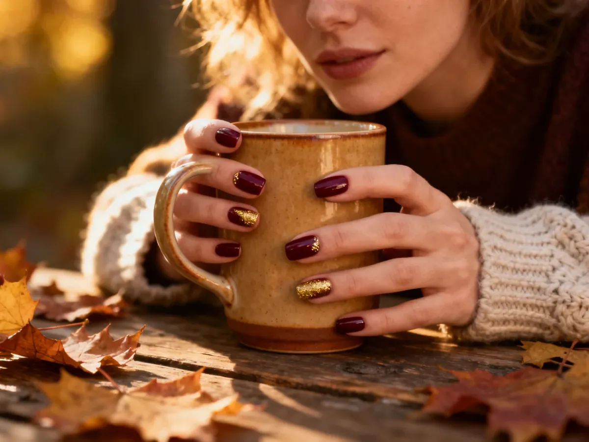 Elegancki manicure w kolorach burgundu i złota na tle jesiennych liści oraz przytulnego swetra.