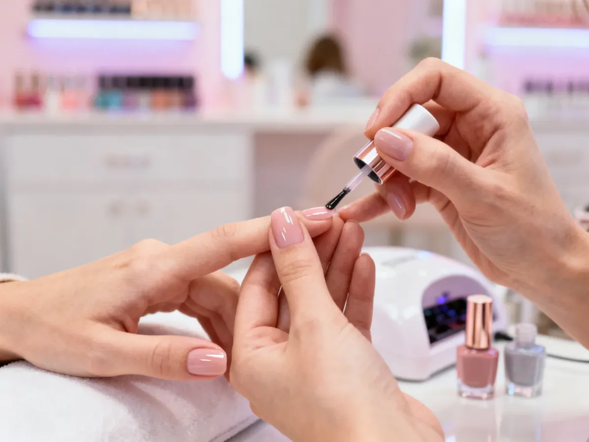 Manikiurzystka nakłada błyszczący top coat na pomalowany paznokieć w profesjonalnym salonie kosmetycznym.