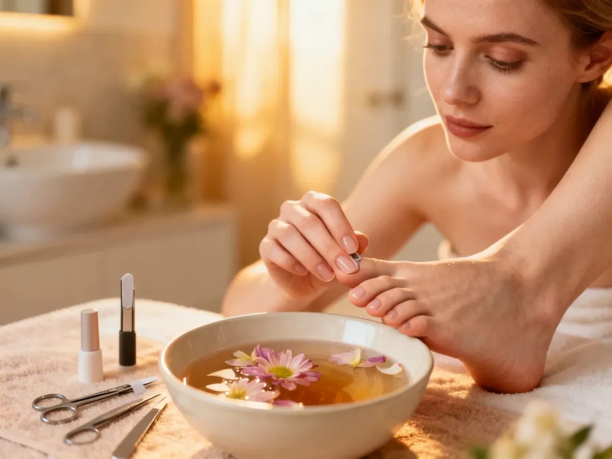 Kobieta wykonująca domowy pedicure w misce z wodą i płatkami kwiatów, obok znajdują się profesjonalne akcesoria do paznokci.