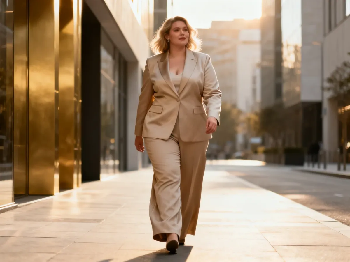 Pewna siebie kobieta plus size w eleganckim garniturze spaceruje po nowoczesnej ulicy, prezentując modną stylizację.