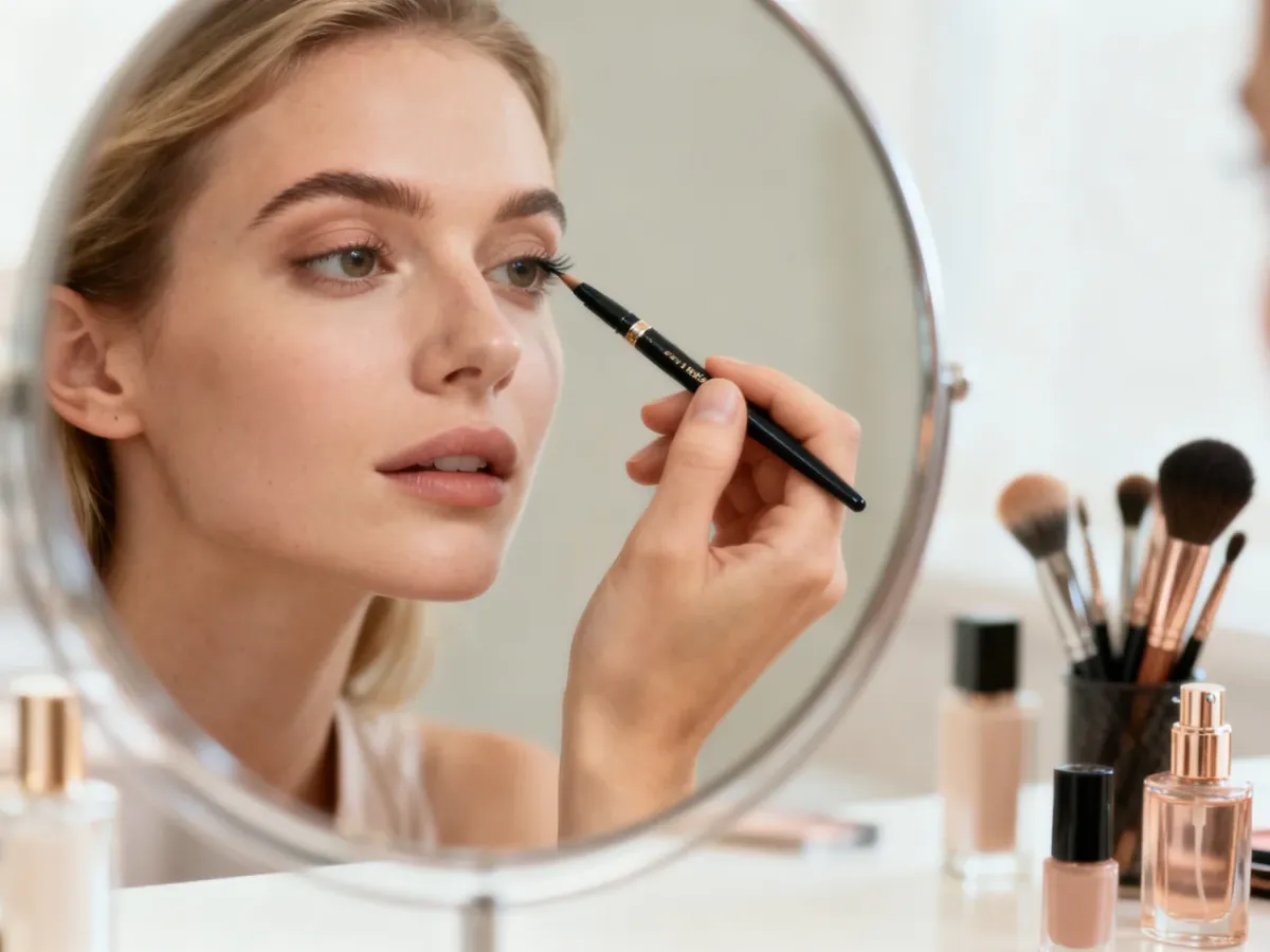 Kobieta precyzyjnie aplikuje eyeliner na powiekę, trzymając pędzelek przed lustrem. Ilustracja techniki makijażu oczu.