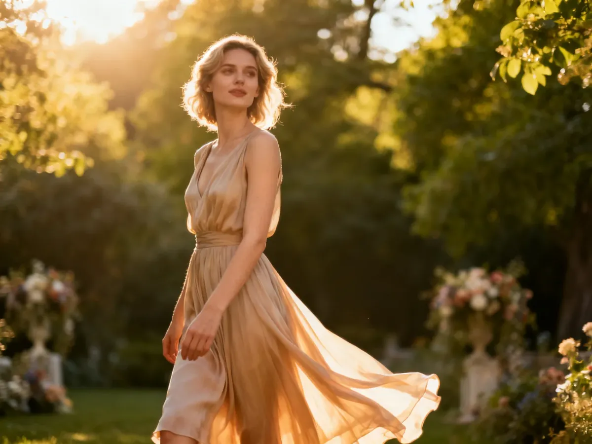 Elegancka kobieta w zwiewnej sukience midi pozuje w słonecznym ogrodzie, prezentując stylizację idealną na wesele.