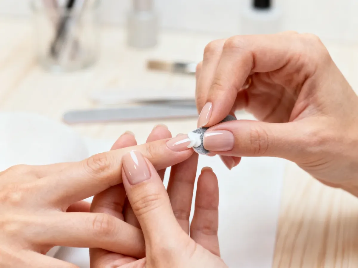 Profesjonalistka wykonuje manicure japoński, wcierając pastę w naturalną płytkę paznokcia dla uzyskania efektu wysokiego połysku.