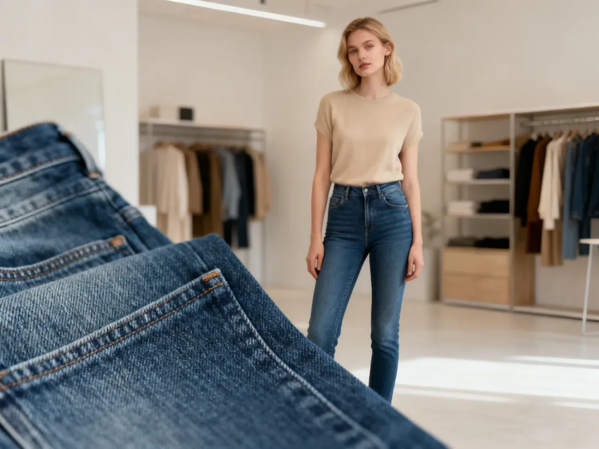 Stylowa kobieta w idealnie dopasowanych jeansach w nowoczesnym studiu, prezentująca wysoką jakość materiału.