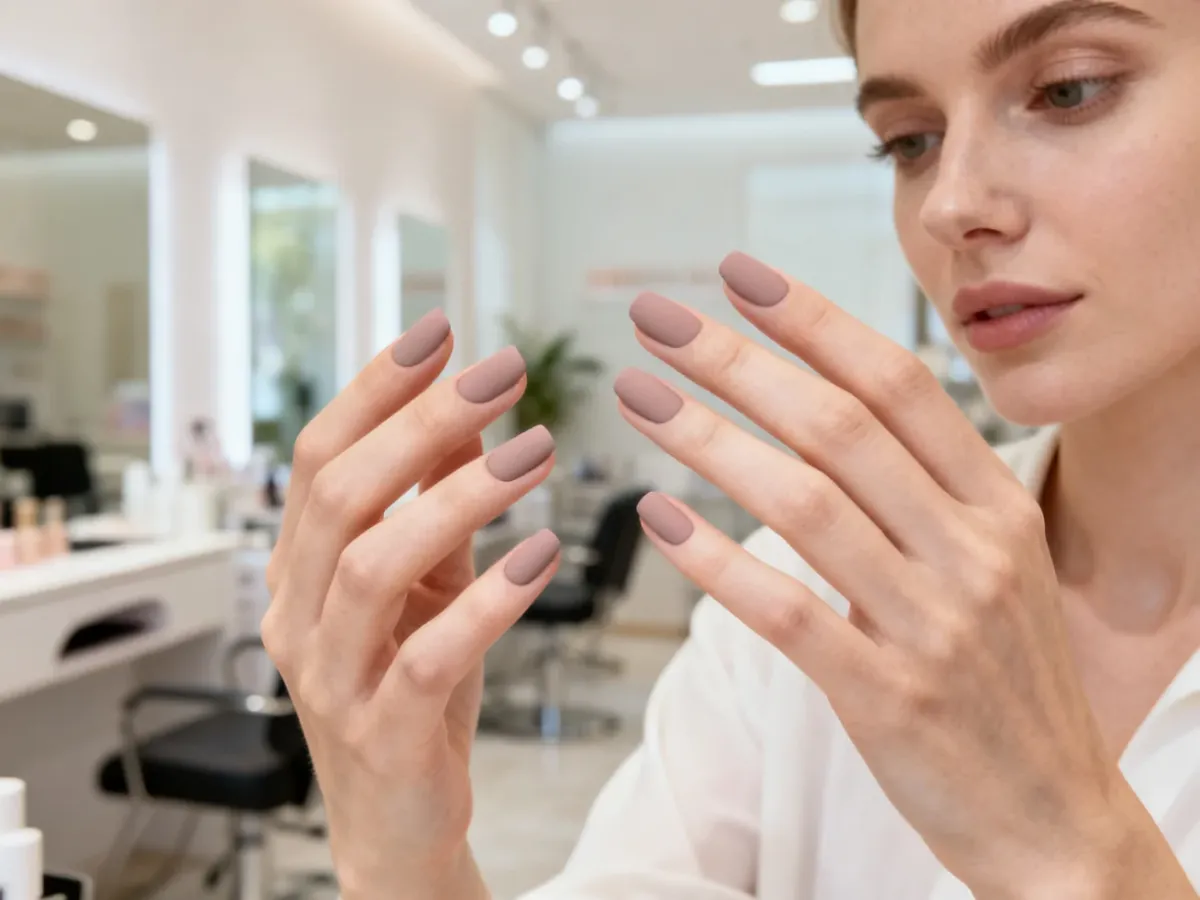 Dłonie z eleganckim, matowym manicure w pastelowych kolorach na tle salonu kosmetycznego.