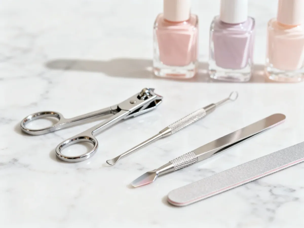 Profesjonalny zestaw narzędzi do manicure, w tym cążki, pilniki i lakiery, estetycznie ułożony na marmurowym blacie.
