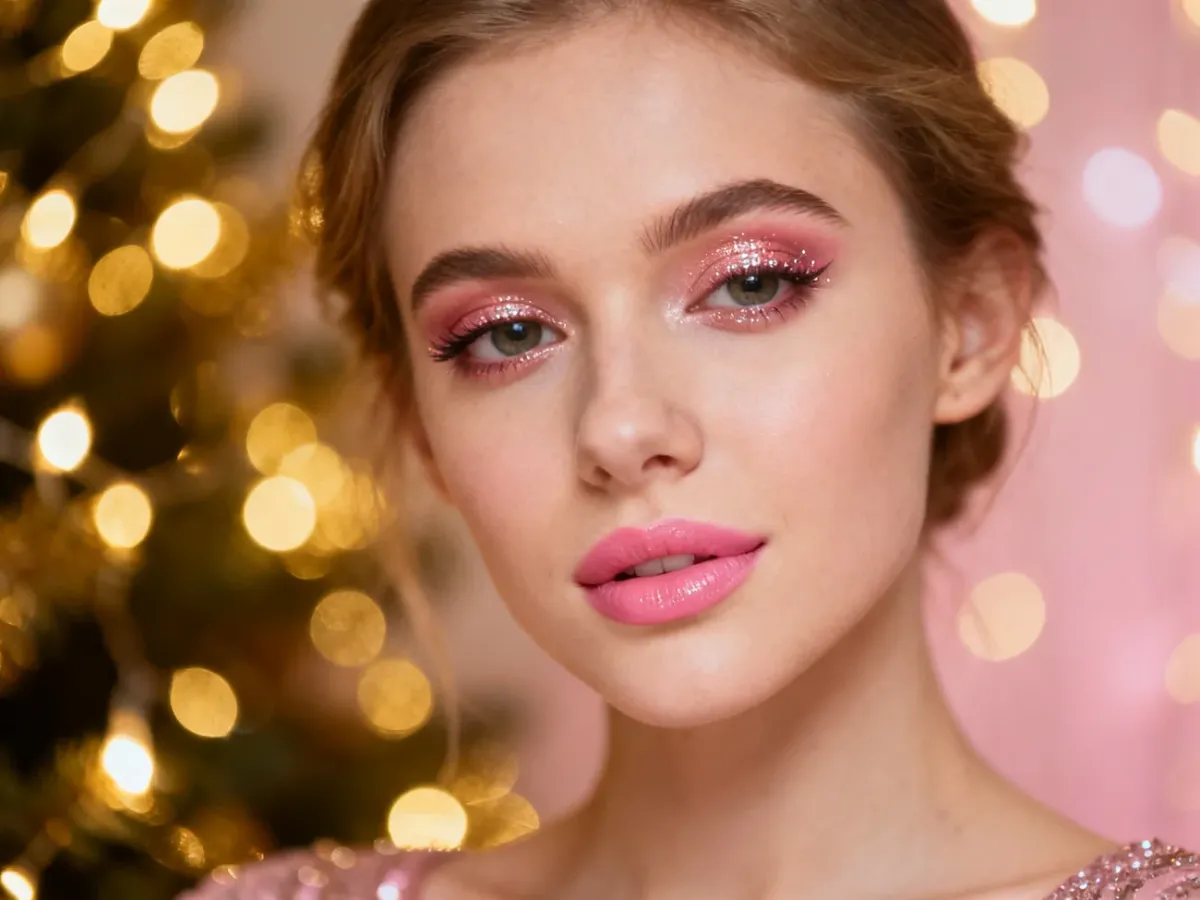 Elegancki makijaż studniówkowy z subtelnym brokatem na powiekach i delikatną różową szminką w świątecznej oprawie.