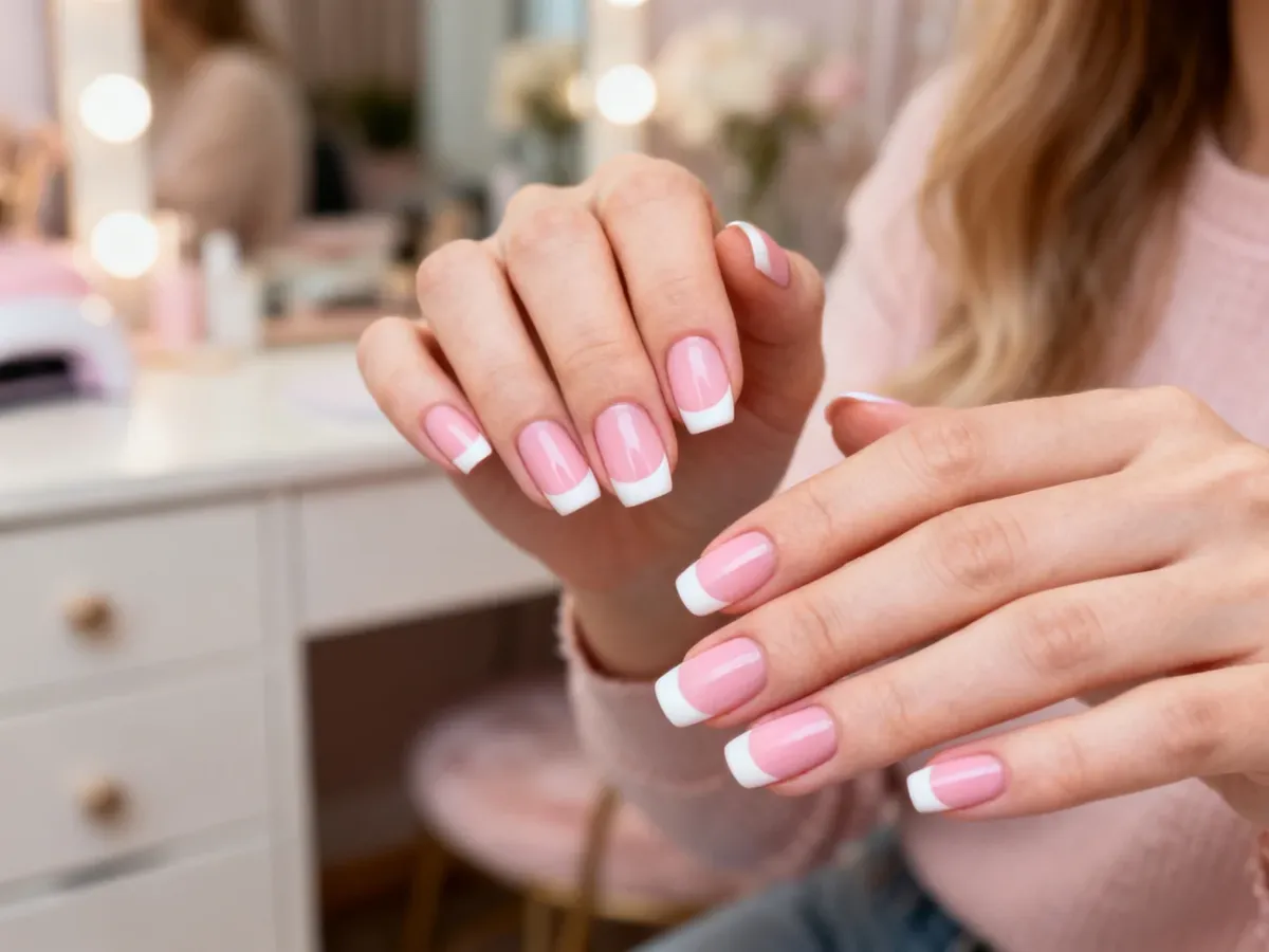 Dłonie z klasycznym manicure francuskim o białych końcówkach i różowej płytce paznokcia w domowym wnętrzu.