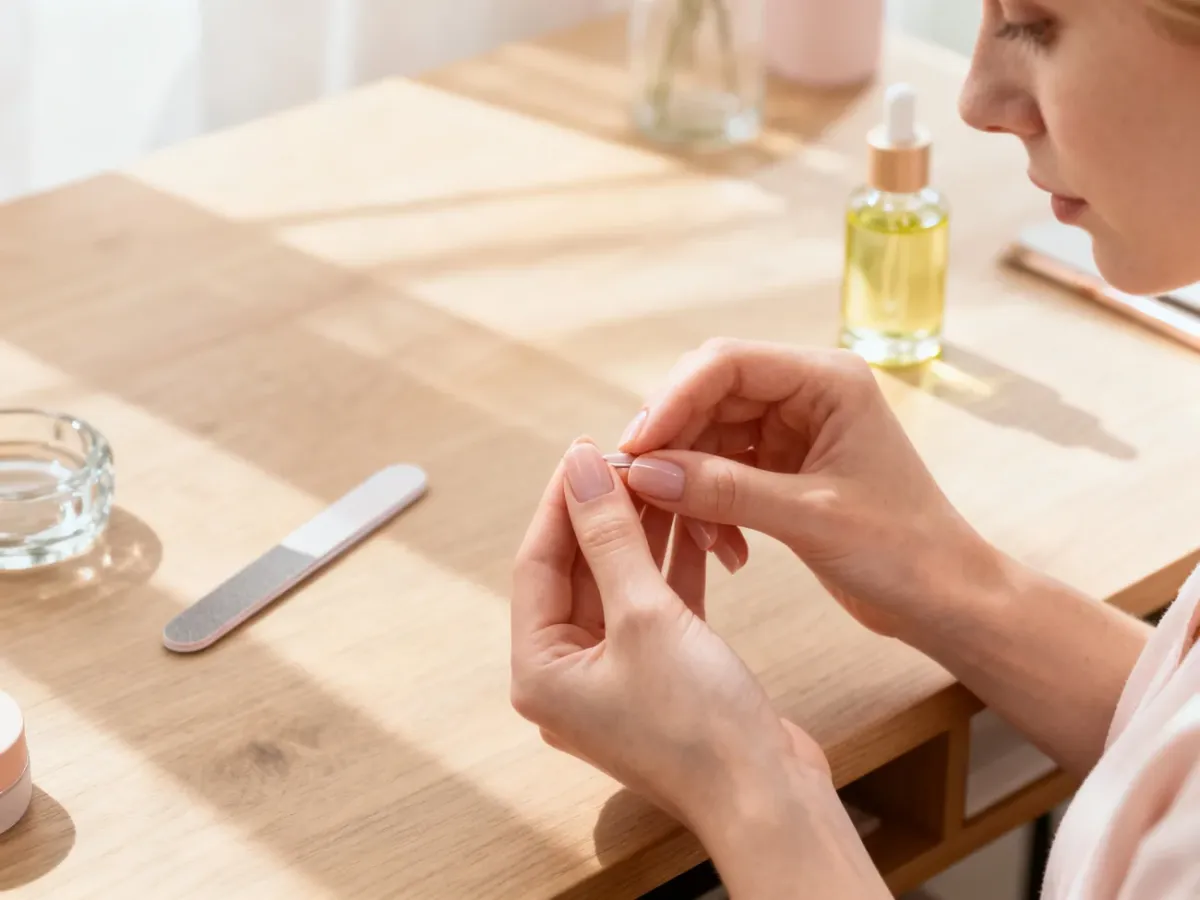 Zadbana dłoń podczas domowego manicure przy użyciu szklanego pilnika i olejku na drewnianym biurku.