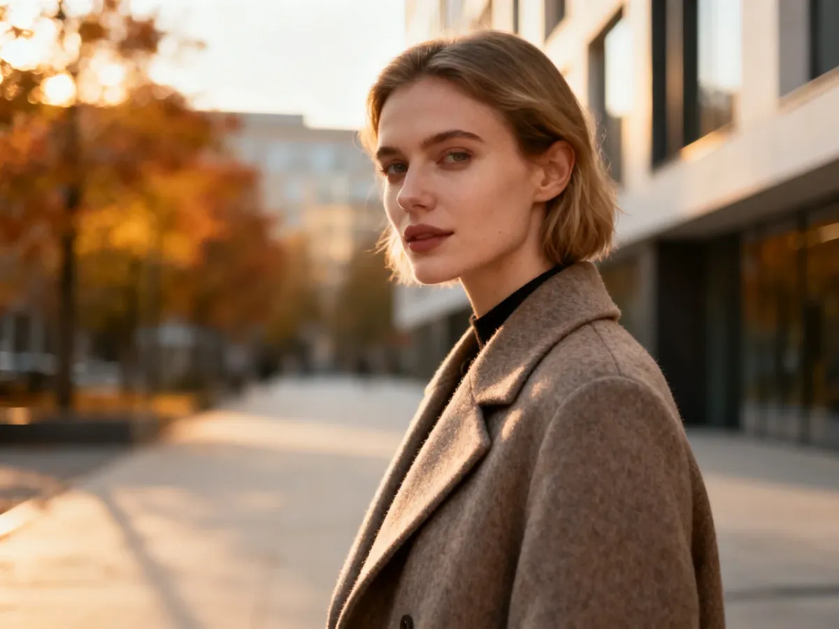 Elegancka kobieta w dopasowanym wełnianym płaszczu na tle jesiennego miasta, prezentująca stylizację idealną na chłodne dni.