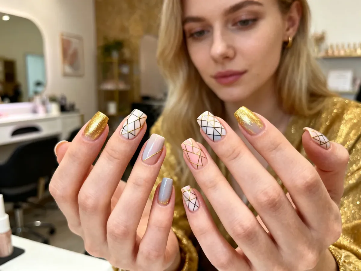 Dłonie z profesjonalnym manicure w pastelowych kolorach z geometrycznymi wzorami na tle przytulnego salonu kosmetycznego.