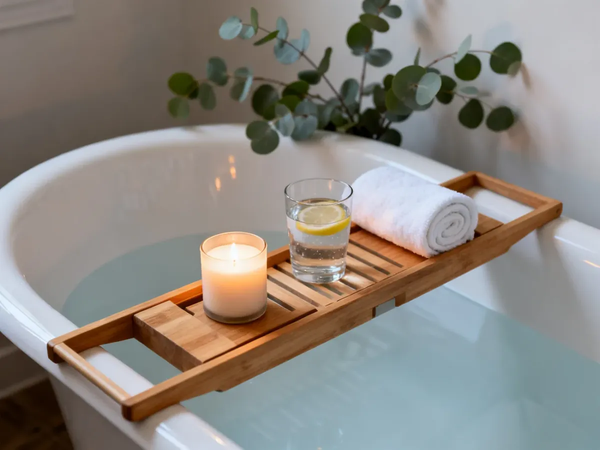Drewniana taca na wannie z pachnącą świecą, wodą z cytryną i ręcznikiem, tworząca relaksującą atmosferę domowego spa.