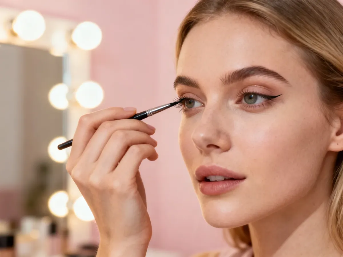 Kobieta wykonuje precyzyjną kreskę eyelinerem na powiece, stosując technikę makijażu optycznie powiększającego oczy.