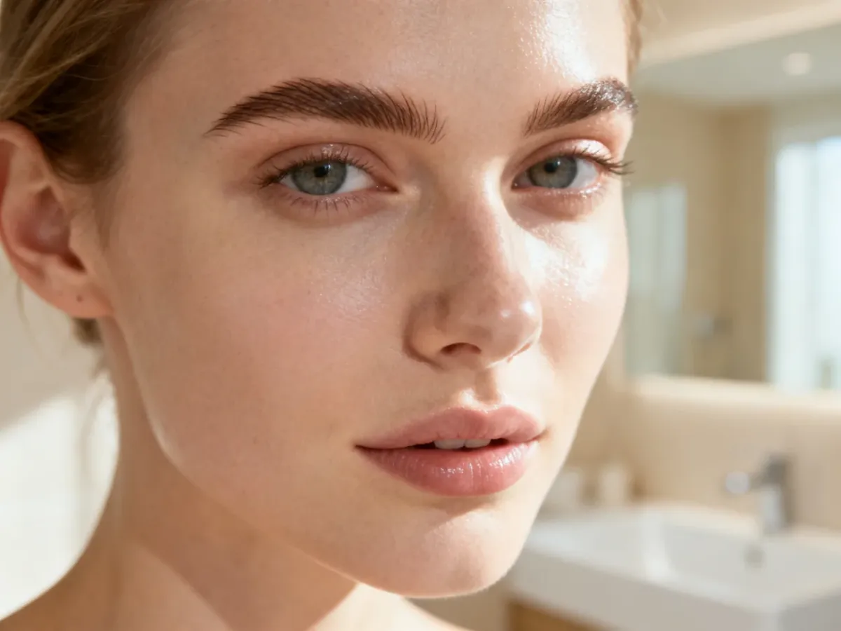 Kobieta z naturalnym makijażem typu no makeup, prezentująca promienną cerę i zadbane brwi w świetle dziennym.