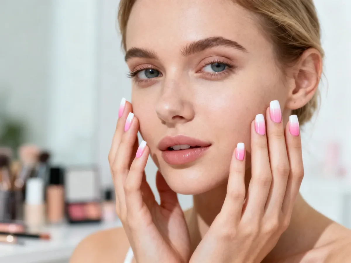 Dłonie z profesjonalnym manicure ombre w odcieniach różu i bieli, prezentujące efekt płynnego przejścia kolorów.