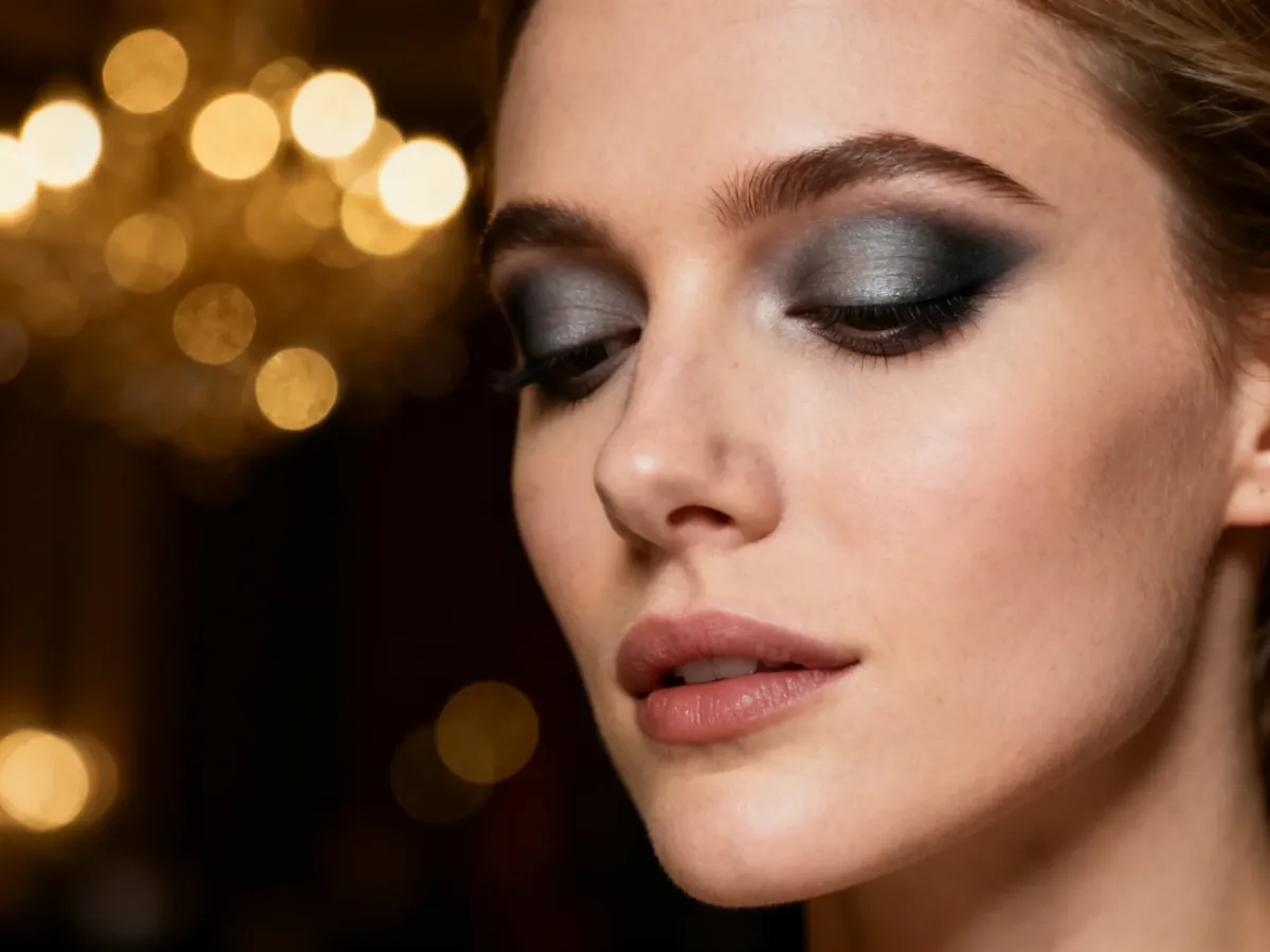 Zbliżenie na elegancki makijaż typu smoky eyes w odcieniach szarości i grafitu na tle rozmytych, złotych świateł.